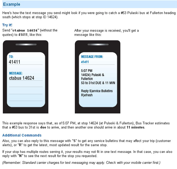 Figure 16. Real-Time Information via SMS for Chicago Transit Authority. Please see the Extended Text Description below.