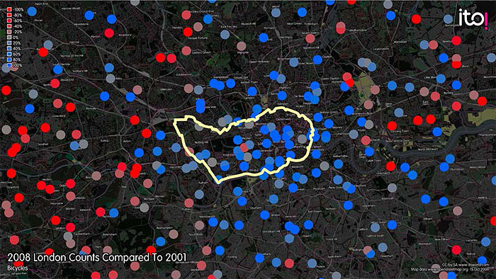 Figure 18. Changes in the Counts of Bicycles in London at October 2008 Compared to October 2001. Please see the Extended Text Description below.