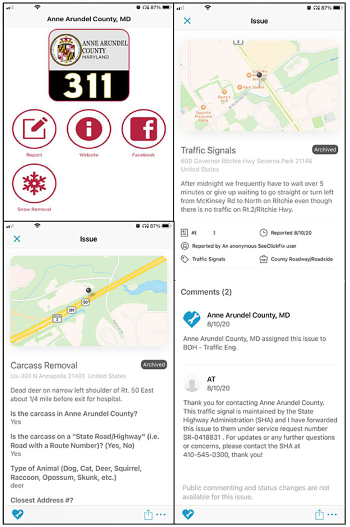 Screenshot photos of Anne Arundle County Maryland 311 App showing various screens of the app, including an interface showing Report, Website, Facebook, and Snow Removal interface links, then another screenshot of an Issue represented with an overhead map with an Archived issue example of a Carcass Removal and various notes about the carcass removal, then another screenshot of another archived issue of Traffic Signals with details about the issue, along with comments from Anne Arundle County having assigned the issue to an appropriate service with a thank you comment from the service provider.