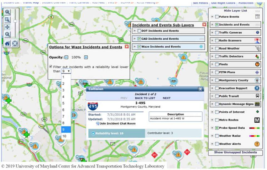 Example screenshot capture of RITIS and Waze Data Integration showing a map from University of Maryland Center for Advanced Transportation Technology Laboratory with a map of the DC metro area with major roadways and various layers that can be toggled on and off such as future events, incidents and events, traffic cameras, radio scanners, road weather, and other related layers. A pull out box on the screen shows a collision incident on I-495. Additional incidents can be shown on sub-layers of the map as well as options for Waze incidents and events.