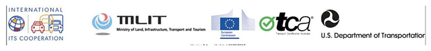 Shows logos of International ITS Cooperation, MLIT (Ministry of Land, Infrastructure, Support and Tourism), European Commission, TCA, and U.S. Department of Transportation.