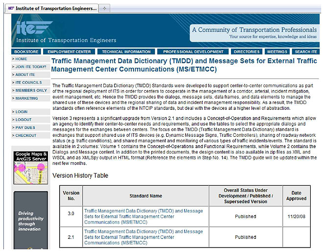 Figure 1. TMDD Website: http://www.ite.org/standards/tmdd. See extended text description below.