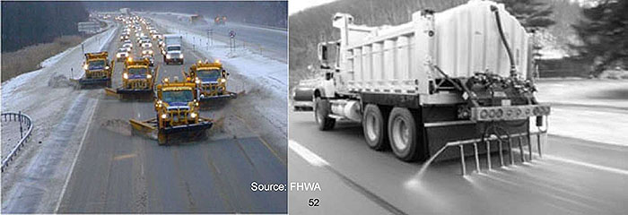A photo of roadway with snow removal trucks moving is shown and photo on right shows a sanitation truck spraying deicing liquid on the pavement.