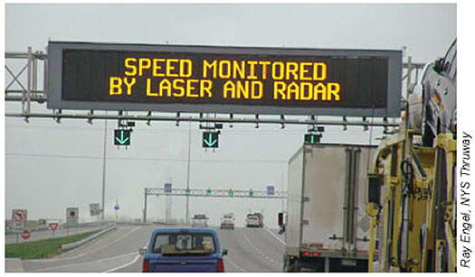 This DMS shows the message SPEED MONITORED BY LASER AND RADAR and is center justified.