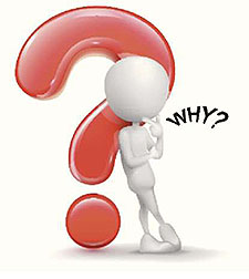 An image that depicts a person leaning against a giant question mark and pondering the question Why?