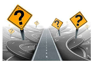 An image that depicts a roadway with yellow diamond warning signs on either side that each display a question mark.