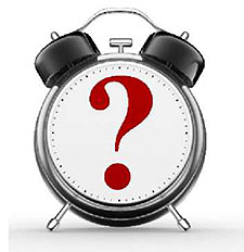 Stock art of an alarm clock with missing hands and a question mark in its place