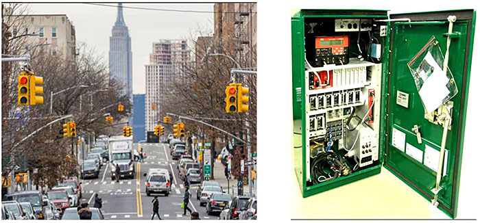 This slide contains two photos. The photo on the left is a picture of a street in New York City with several traffic signals and the photo on the right is a traffic signal controller cabinet with its door open and an Actuated Traffic Signal Controller (ASC).