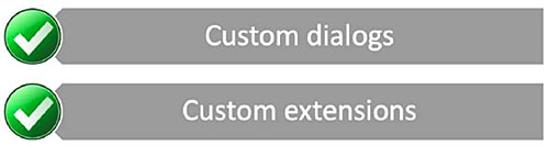two items from the Slide 76 checklist “Custom dialogs” and “Custom extensions”