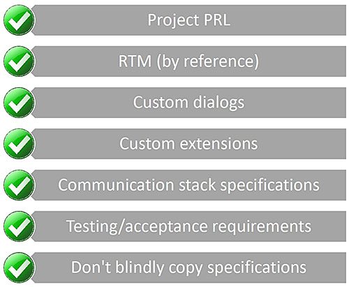 This slide summarizes the seven items discussed in a checkpoint list: “Project PRL” - “RTM (by reference)” - “Custom dialogs” - “Custom extensions” - “Communication stack specifications” - “Testing/acceptance requirements” - “Don’t blindly copy specifications”