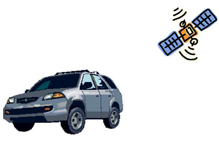 On top, there is a graphic showing a GPS satellite. Below is a graphic showing a gray sports utility vehicle.
