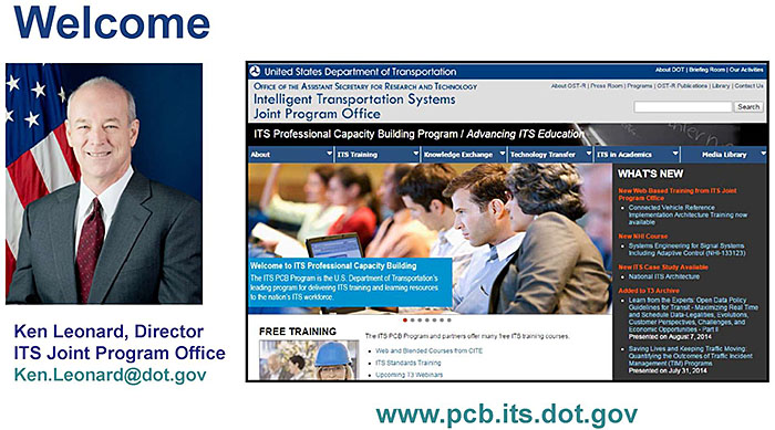 Welcome slide with Ken Leonard and screen capture of home webpage. Please see the Extended Text Description below.