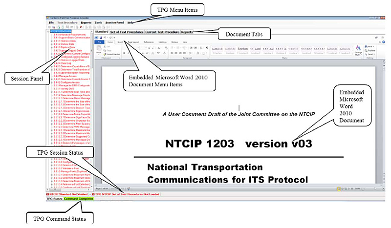 The Graphical User Interface (GUI) screenshot is shown, consisting of a Microsoft Windows 7 screen with TPG pulldown menu items on the top banner. Please see the Extended Text Description below.