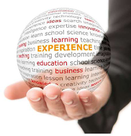 An image that has a hand holding a transparent ball with words on it, with the text "experience" highlighted