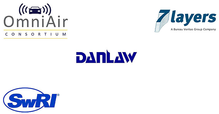 This slide shows the logos of various test organizations - OmniAir Consortium, 7layers, Danlaw, SwR