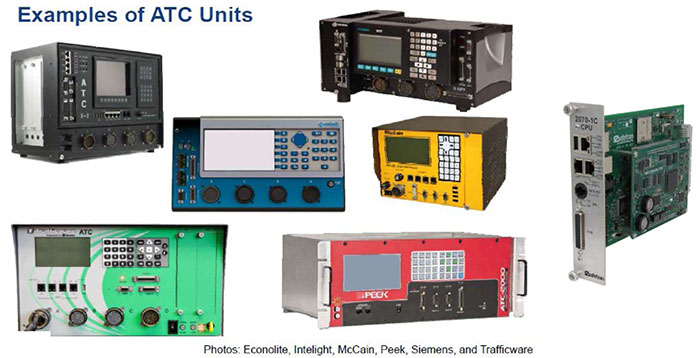 This slide depicts seven photos of ATC controllers by several manufacturers