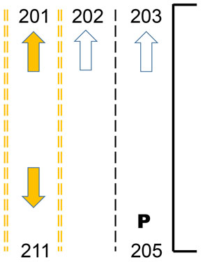 The slide entitled "What are the optional elements of the SPaT message?" contains a graphic on the left side. The graph shows a schematic of a road with three different lanes. The left most lane has dashed yellow lines on both sides indicating it's a reversible lane and has two yellow arrows, one pointing north and one pointing south, indicating travel in both directions are allowed (but not simultaneously). On top of the lane is number 201 indicating the lane identifier for travel in the northbound direction. At the bottom of the lane is number 211 indicating the lane identifier for travel in the southbound direction. The rightmost lane has dashed lines on the left side and a solid line on the right side indicating a sidewalk. There is a white arrow pointing north to indicate travel in the lane is in the northbound direction. On top of the lane, there is number 203 indicating the lane identifier for travel in the northbound direction. At the bottom is a bold P to indicate that the lane is used for parking. Below is the number 205 indicating the lane identifier when the lane it is used for parking. The middle lane has a white arrow pointing north to indicate the lane is used for traffic in the northbound direction. On top of the lane, there is number 202 indicating the lane identifier.