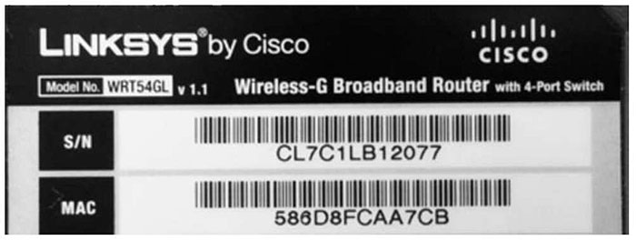 Example photo of a broadband router label that shows the MAC address.