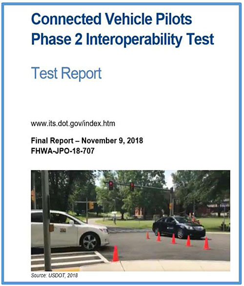 Author's relevant description: The slide shows the cover page of the published test report to the right Connected Vehicle Pilots Phase 2 Interoperability Test, and the report cover page shows at bottom a photo of two cars and some cones around them.