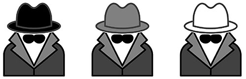 This slide has a graphic of three characters representing types of hackers aligned horizontally beneath the text of the slide. They all have trench coats, dark glasses and a fedora hat. The only differences are the colors of the hats: the hacker on the left has a black hat, the hacker on the right has a white hat, and the hacker in the middle has a grey hat.