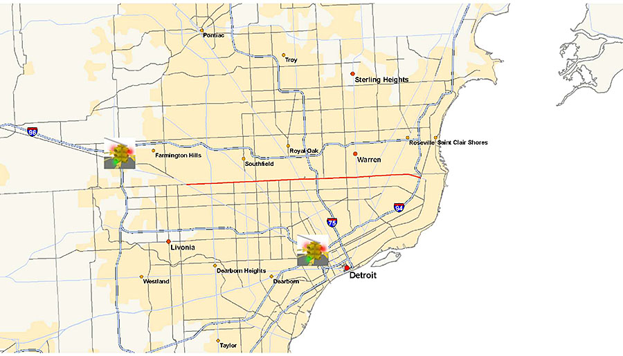 Author’s relevant description: This slide presents a map of the Detroit, Michigan region. Two traffic signals are shown, one in the downtown area and the other on the outskirts of town – symbolizing the fact that connectivity to the SCMS might not always be present.