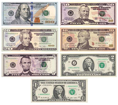 This slide includes images of modern US currency in denominations from $1 to $100, which emphasizes how higher denominations use higher levels of security designs to enable better authentication.