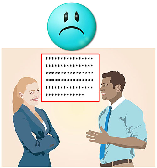This slide displays an image of the same two people who were shown on Slide 9, but now the contents of their conversation is shown merely as a series of asterisks to reflect the fact that crypto protections have been enabled. The demon face above the picture has now turned blue and is sad.