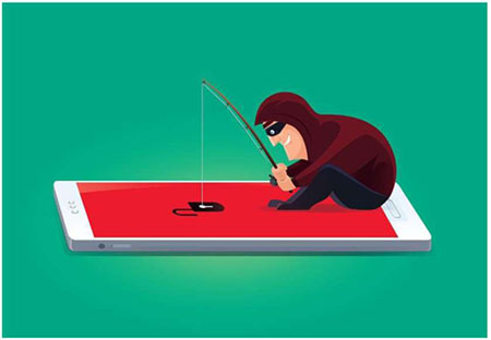 Graphic of a hooded person fishing with a fishing pole at the bottom of an over-large smartphone. The fishing line enters the center of the smartphone screen as if it were a pool of water. An open lock is displayed where the fishing line comes into contact with the smartphone screen.