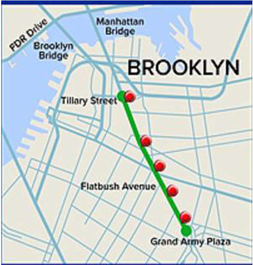 Example GPS map showing Brooklyn covering FDR Drive, Brooklyn Bridge, Manhattan Bridge on the top left corner, to Grand Army Plaza on the bottom right corner. A green line extends from Tillary Street with red dots proceed towards Flatbush Avenue down to Grand Army Plaza.