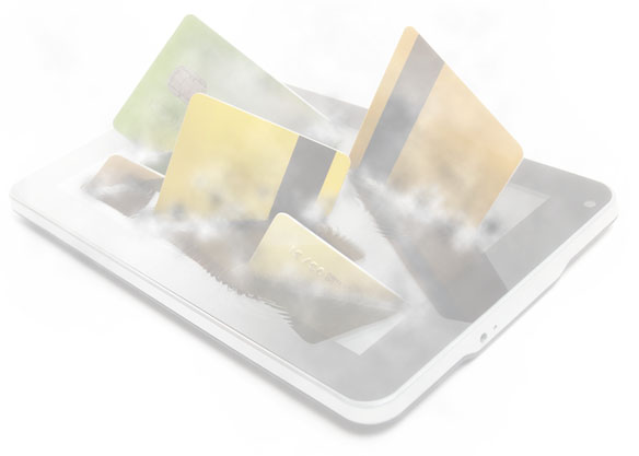Background image - faded image of a tray or tablet with backside of credit cards.