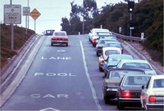 Photo of a highway entrance ramp with a ramp meter. There are two lanes on the entrance ramp  the left lane is for carpools only and is not subject to the ramp meter, and the vehicles in the right lane of the entrance ramp are subject to the ramp meter (which is green in the photo). There is one car in the carpool lane of the entrance ramp, and ten cars in the right lane of the entrance ramp that have to wait for the ramp signal.