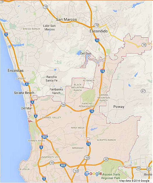 Example map of the Greater San Diego area on the right of the slide. The top of the map is around San Marcos and the bottom of the map is around the intersection of I-15 and Route 52.