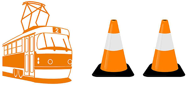 This slide contains a graphic. On the left is an orange shaded trolley with a connection to overhead electricity. On the right are two orange construction cones.