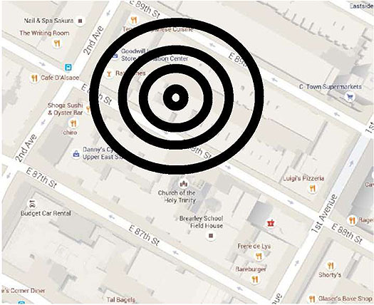 This slide contains a graphic which consists of a map a few city blocks. Around one point on the map is a series of four concentric circles.