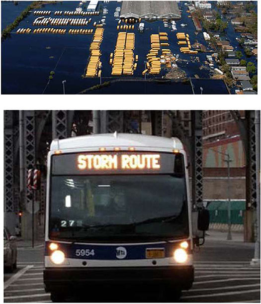 A photo of buses in hurricane floodwater in the upper right. On the right side underneath the photo of the buses is a frontal view of a bus that reads STORM ROUTE.