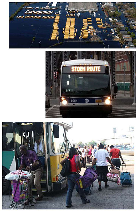 Series of photos showing buses illustrating this slide, Emergency Evacuation and Disaster Response and Recovery. Please see the Extended Text Description below.