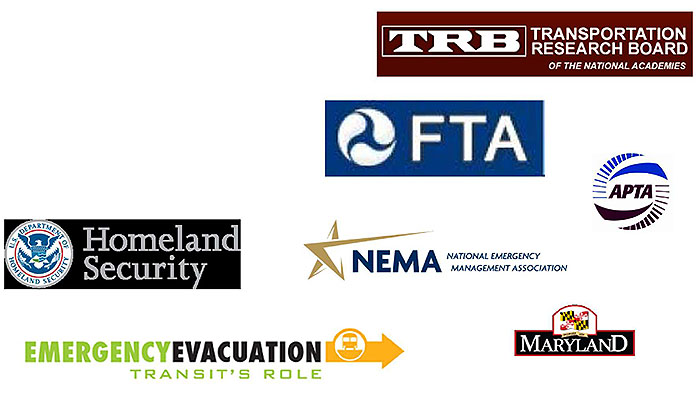 Contains 7 logos representing the following agencies: Transportation Research Board, Federal Transit Administration, American Public Transportation Association, U.S. Department of Homeland Security, National Emergency Management Association, Emergency Evacuation Transit's Role, and the Maryland Department of Transportation.