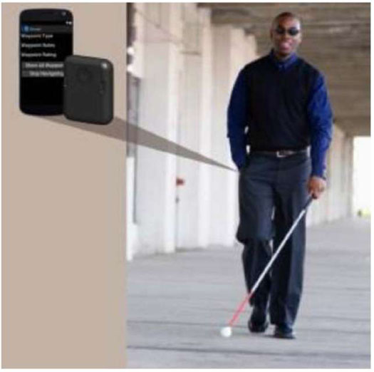 A photo of sight-impaired person walking with a cane, with a wearable device to provide guidance in his pocket.