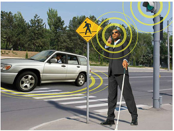 The slide contains a graphic showing a blind person who has made a request with dedicated short range communications to the signal controller to cross the street. Please see the Extended Text Description below.