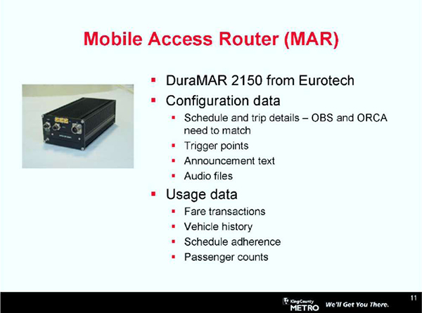 This slide, entitled Mobile Access Router (MAR), has a photo of the router to the left of the bullets on the slide. Please see the Extended Text Description below.