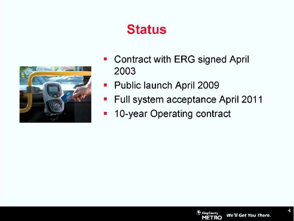 This slide, entitled Status, has a photo of an ORCA farecard reader on a King County Metro bus to the left of the bullets. Please see the Extended Text Description below.