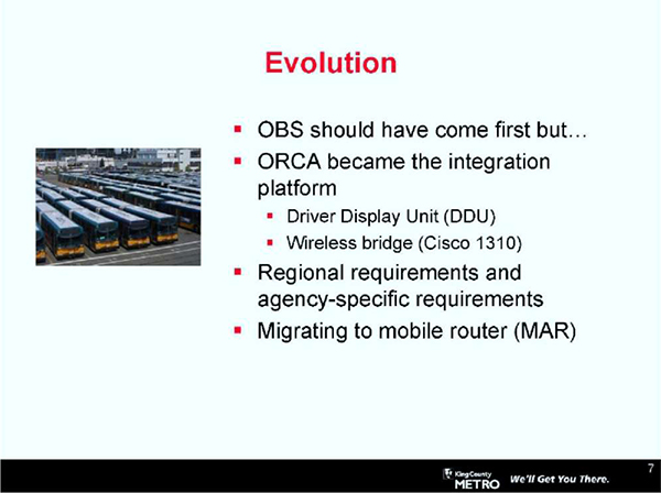 This slide, entitled Evolution, has a photo of a King County Metro bus yard. Please see the Extended Text Description below.