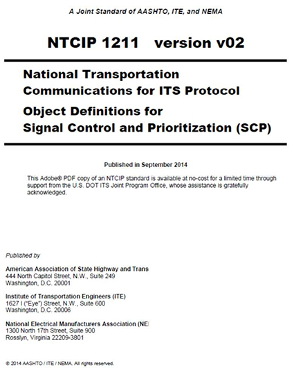 A snapshot of the cover of NTCIP 1211 version 02, entitled: National Transportation Communications for ITS Protocol, Object Definitions for Signal Control and Prioritization (SCP).