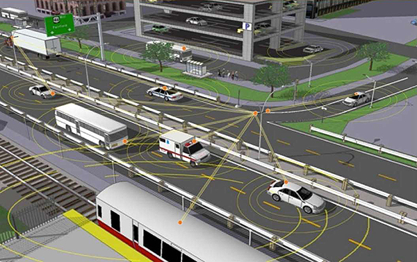 The slide consists of a graphic of a connected vehicle environment. Please see the Extended Text Description below.