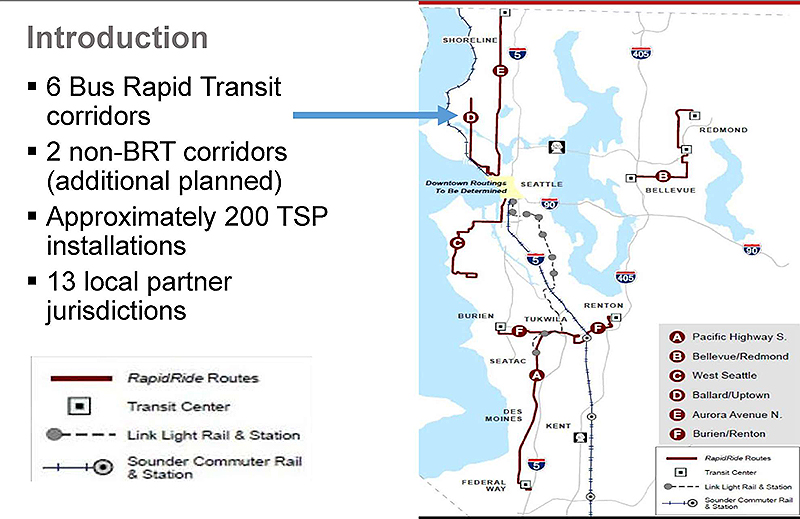 This slide contains a snap shot of a map of King County Metro Bus Rapid Transit corridors in the Seattle, Washington metropolitan area. Please see the Extended Text Description below.