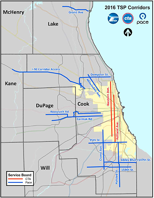 This slide shows a snap shot of a map of Greater Chicago with CTA transit routes. Please see the Extended Text Description below.