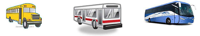 The next row of graphics represents different vehicle classes, and are, from left to right: a school bus, a transit vehicle, and a coach bus.