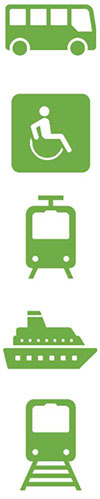 The slide includes 5 green colored icons of a bus, person on wheelchair, light rail vehicle, ferry, and heavy rail (subway) vehicle on tracks.
