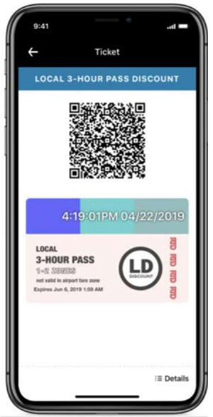 QR code displayed in mobile ticket for the Regional Transportation District (Denver). The mobile app screen shows ticket details – a label that reads “local 3-hour pass discount”, a QR code, the time of activation 4:19:01PM 04/22/2019, and the description of the pass “Local, 3-Hour Pass, 1-3 zones, and valid in airport fare zone, expires June 11, 2019 1:50 AM” and the logo “LD discount”