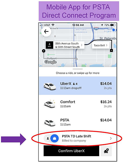 Author's relevant description: Mobile App for PSTA Direct Connect Program smart phone screen shot. Uber app screen show with the addition option of PSTA TD Late Shift, Billed to company. An arrow points to a red circle that envelops the PSTA option.